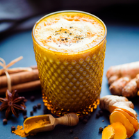 A cup of golden milk with turmeric